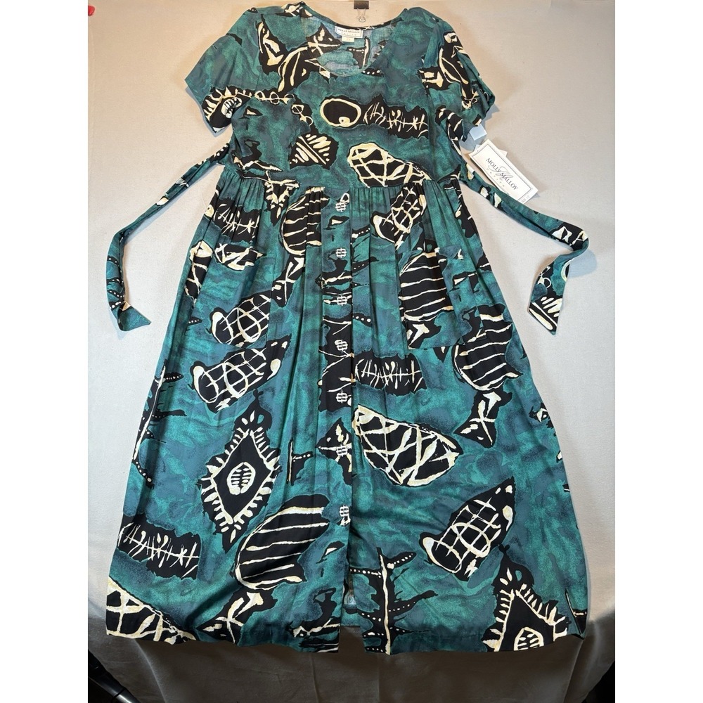Molly Malloy Dress Women GREEN AND BLACK Maxi ABSTRACT Tie Back Vtg 90s NWT